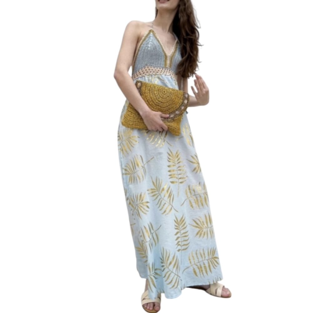 Debbie Katz Large Luxe Maxi Dress Tropical Crochet Halter Blue & Gold Vacation